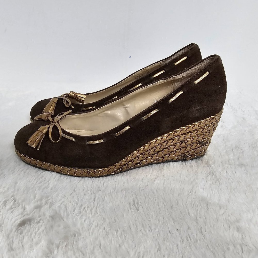 Lauren Ralph Lauren Cambree Chocolate Suede Gold Metallic Wedge Shoes Size 7 - Picture 16 of 16